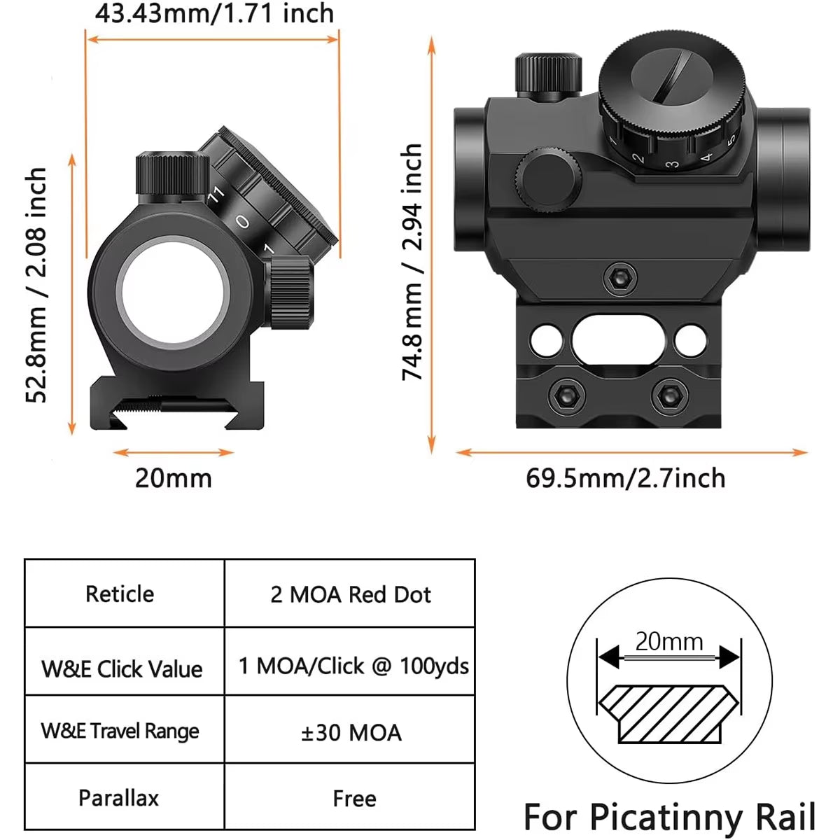 2MOA Red Dot Sight 1X25Mm Reflex Sight Waterproof & Shockproof & Fog-Proof Red Dot Scope with 1 Inch Riser Mount