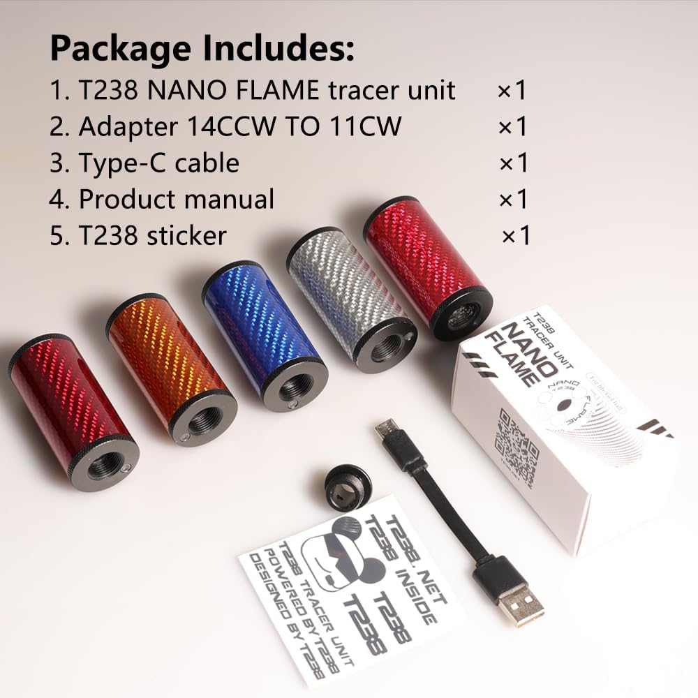 Airsoft Nano Flame Pistol/Rifle Tracer Unit with 14Mm CCW Thread Interface and Type-C Charging Port, 14Mm CCW to 11Mm CW Adapter